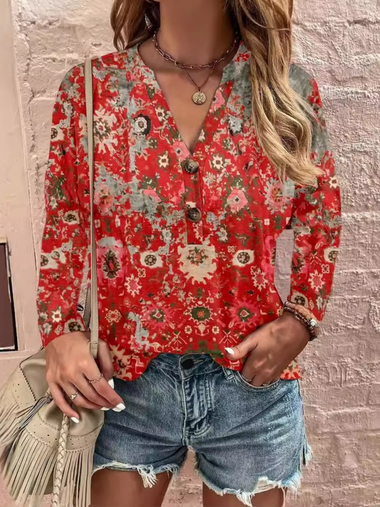 Loose Long Sleeve V Neck Ethnic Casual Regular Blouse