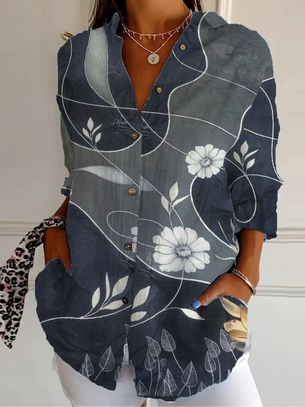 Casual Long Sleeve Shirt Collar Geometric Floral Loose Regular Shirt