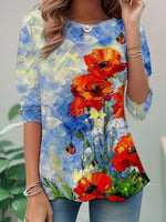 Loose Long Sleeve Crew Neck Floral Casual Regular T-Shirt