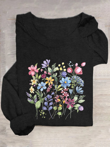 Loose Long Sleeve Crew Neck Floral Casual Regular T-Shirt