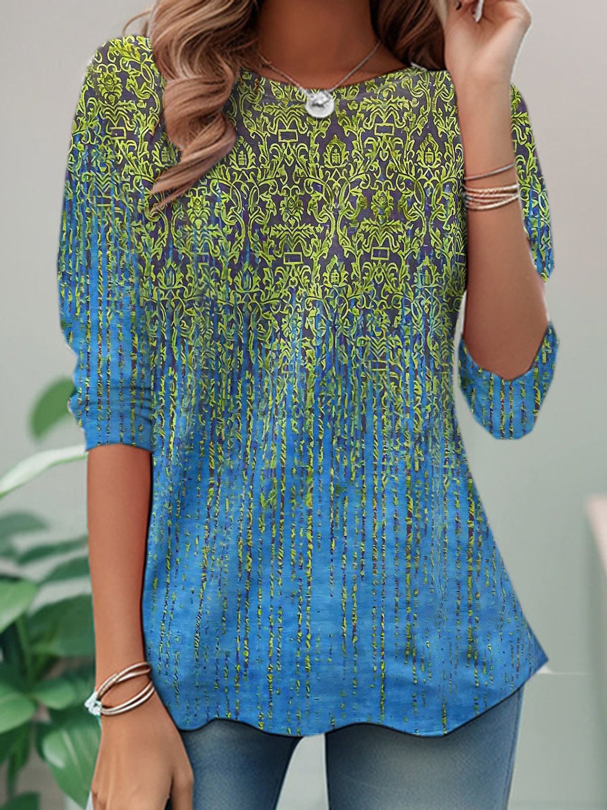 Casual Long Sleeve Crew Neck Ethnic Loose Regular T-Shirt