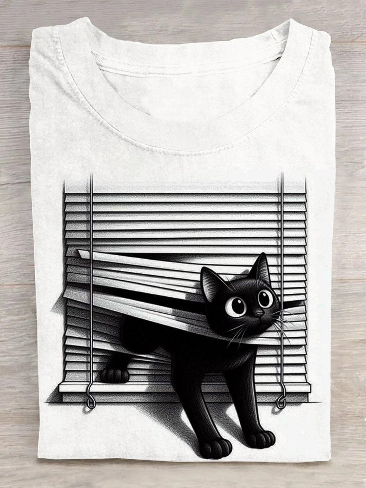 Casual Short Sleeve Crew Neck Cat Loose Regular T-Shirt