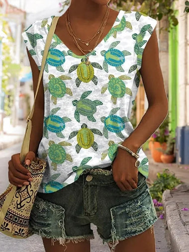 Casual Short Sleeve V Neck Marine Life Loose Regular T-Shirt
