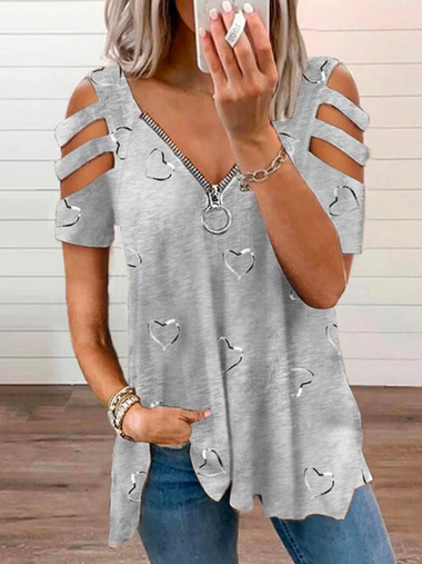 Short Sleeve V Neck Plain Casual Regular Blouse