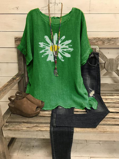 Loose Half Sleeve Crew Neck Printed Floral Vintage Mid-Long Blouse
