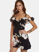 Wholesale V-Neck Off The Shoulder Short Sleeve Floral Print Backless Spaghetti Strap Wrap Flounced Hem Dresses