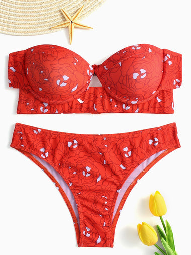 Wholesale Strapless Off The Shoulder Floral Print Bodycon Hem Red Bikini Set