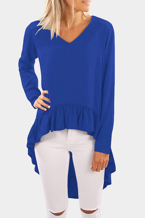 Wholesale V-Neck Long Sleeve Irregular Flounced Hem Top
