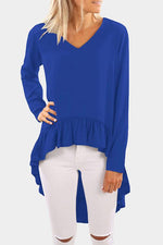 Wholesale V-Neck Long Sleeve Irregular Flounced Hem Top
