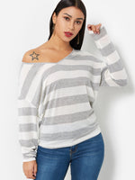 Wholesale Stripe V-Neck Bat Sleeves T-Shirt