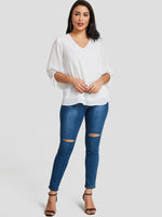 Wholesale V-Neck Plain 3/4 Sleeve Curved Hem White Blouses