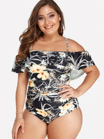 Wholesale Off The Shoulder Floral Print Backless Sleeveless Plus Size Swimwear