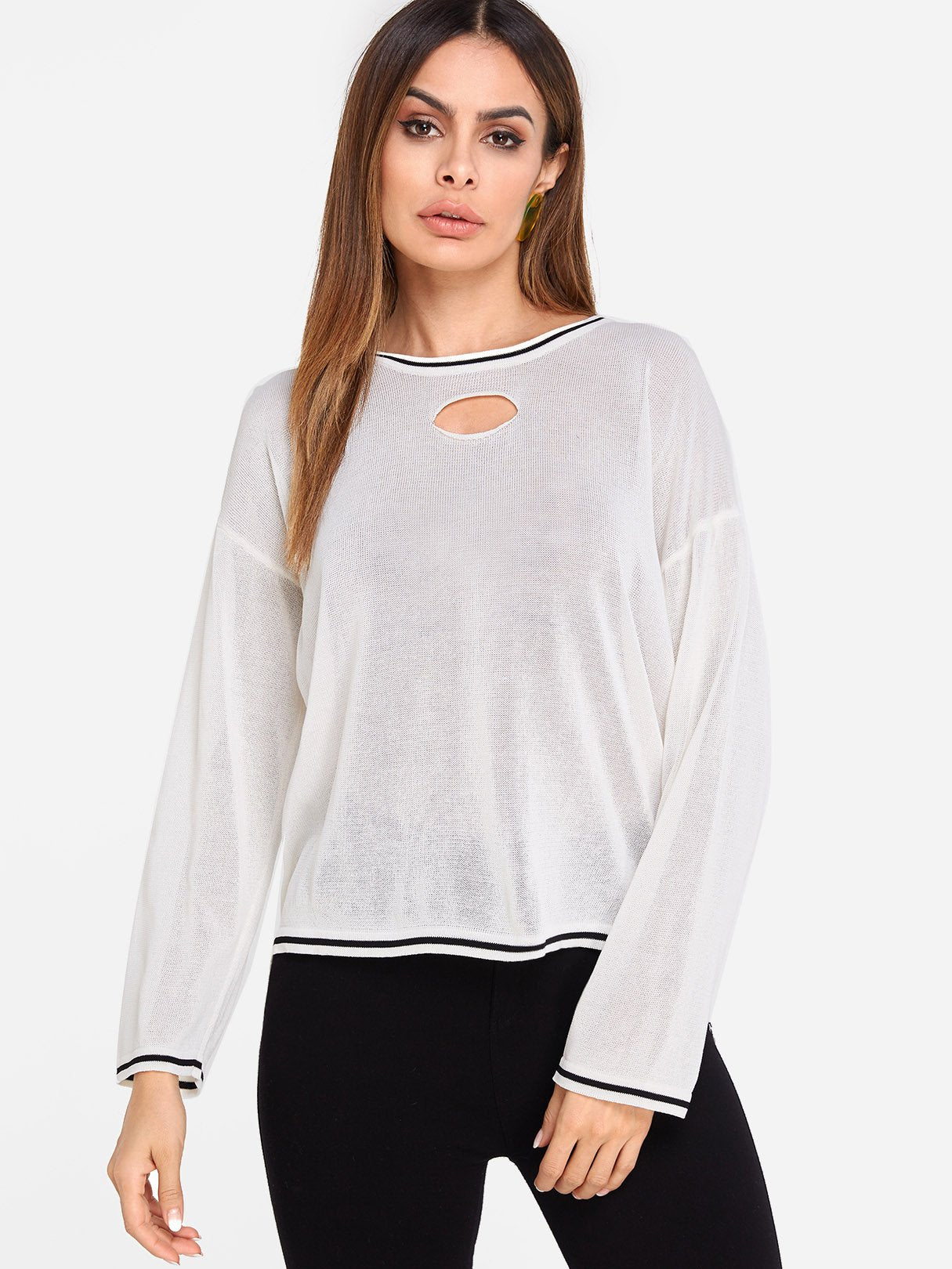 Wholesale Round Neck Cut Out Long Sleeve Beige Top