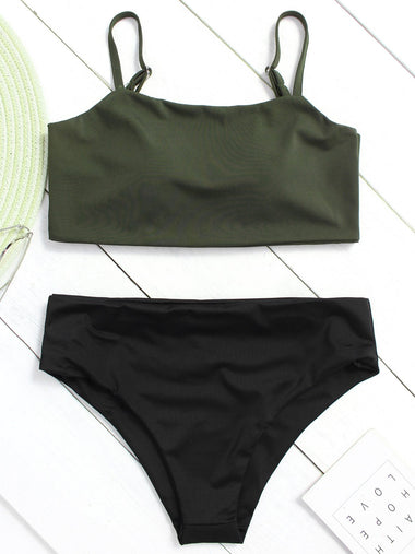 Wholesale Sleeveless Green High-Waisted 2 Piece Bikini