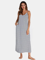 Wholesale V-Neck Sleeveless Stripe Backless Side Pockets Maxi Dresses