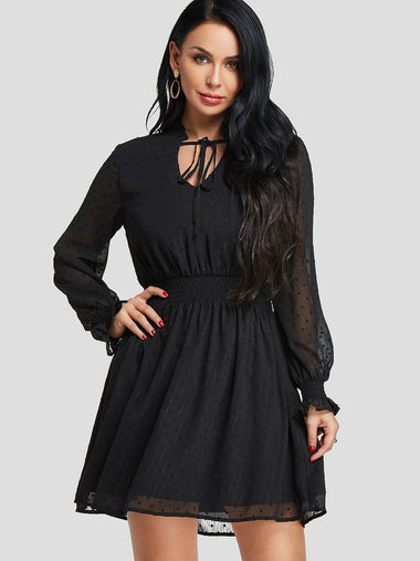 Wholesale Black V-Neck Plain See Through Tie-Up Casual Dresses