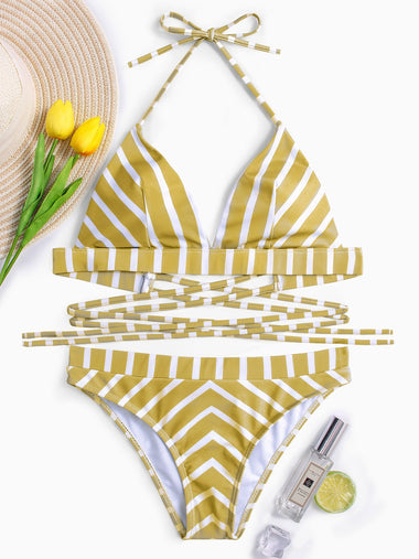 Wholesale Halter Stripe Sleeveless Yellow Bikini Set