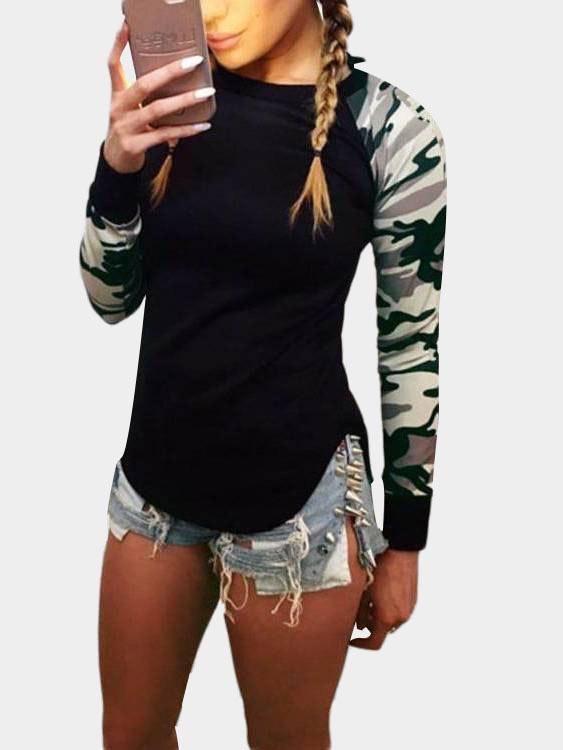 Wholesale Round Neck Camouflage Long Sleeve Curved Hem T-Shirts