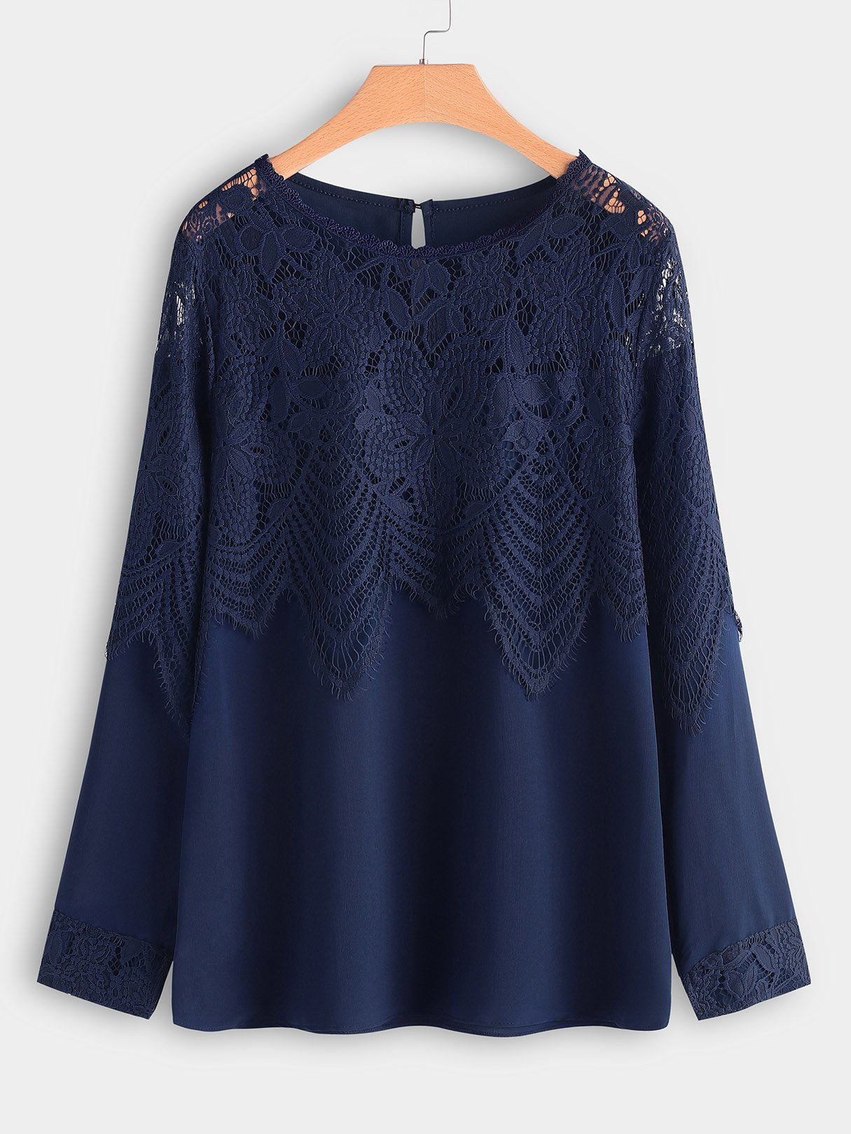 Wholesale Crew Neck Plain Lace Long Sleeve Blouses
