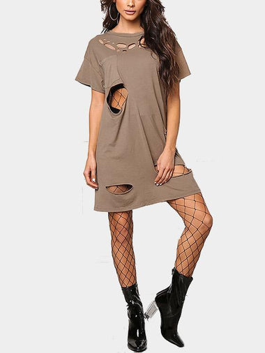 Wholesale Brown Round Neck Short Sleeve Hollow Cut Out Shirt Dresses