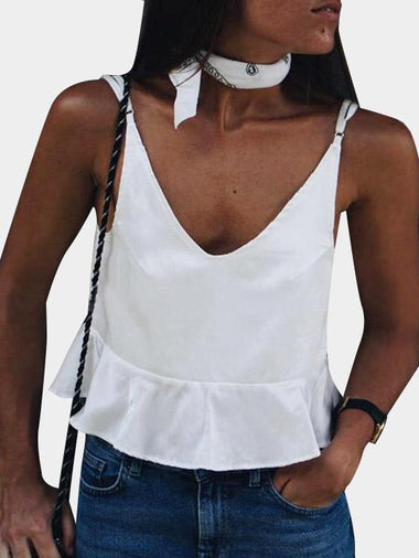Wholesale Deep V-Neck Sleeveless Flounced Hem White Camis