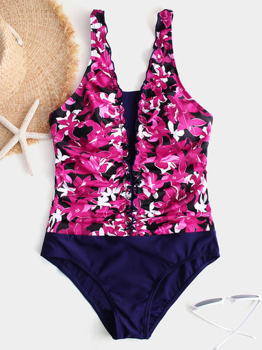 Wholesale Fuchsia V-Neck Floral Print One-Pieces Swimwears