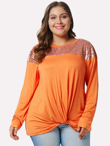 Wholesale Round Neck Plain Sequins Embellished Twist Long Sleeve Orange Plus Size Tops