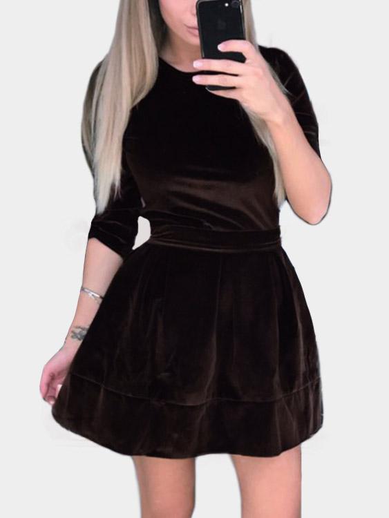 Wholesale Crew Neck Plain Long Sleeve Flounced Hem Brown Sexy Dresses