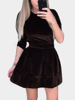 Wholesale Crew Neck Plain Long Sleeve Flounced Hem Brown Sexy Dresses