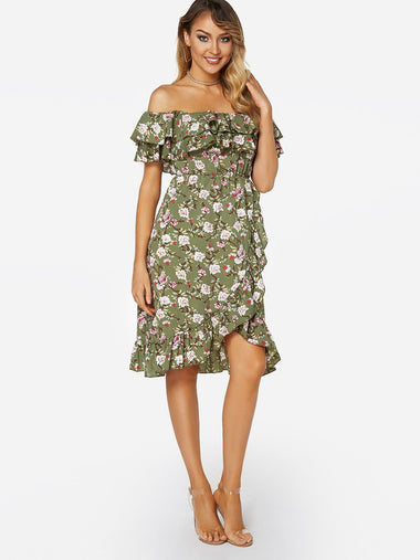 Wholesale Green Off The Shoulder Sleeveless Floral Print Flounced Hem Dresses