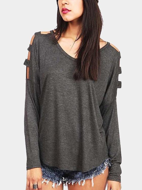 Wholesale V-Neck Cold Shoulder Cut Out Long Sleeve T-Shirts