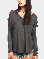 Wholesale V-Neck Cold Shoulder Cut Out Long Sleeve T-Shirts