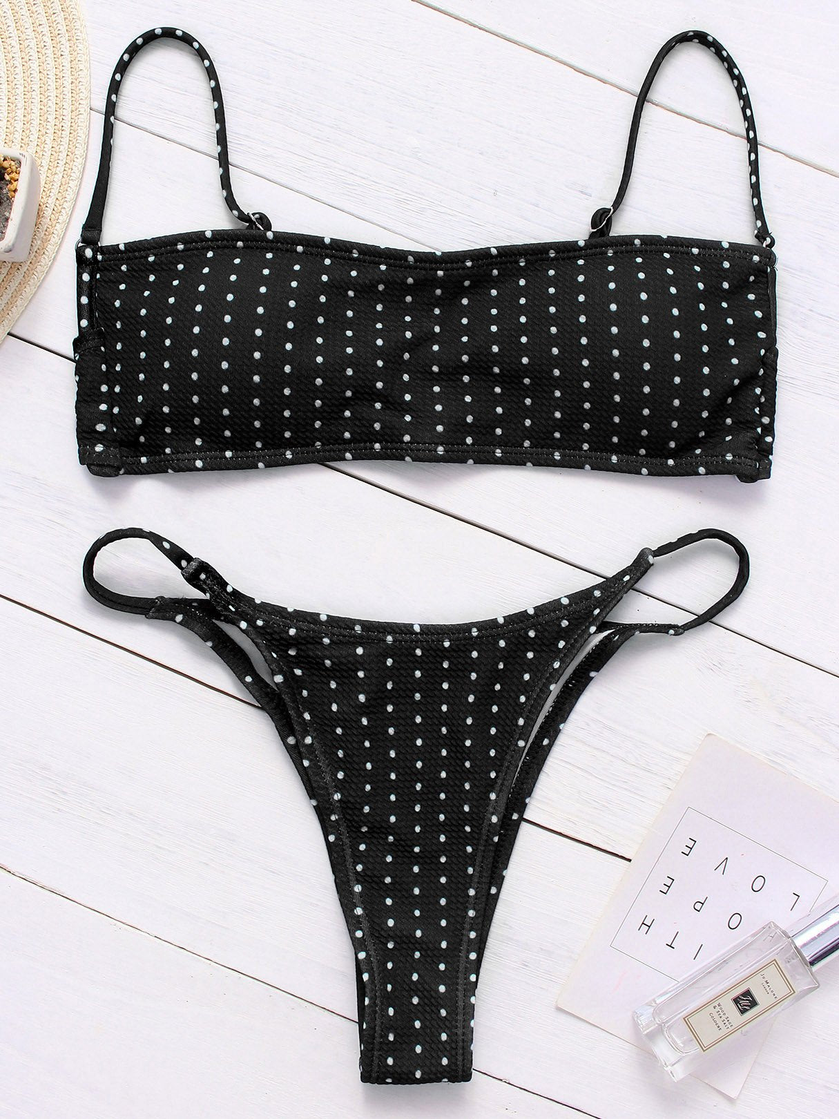 Wholesale Black Square Neck Sleeveless Polka Dot Spaghetti Strap Bikinis