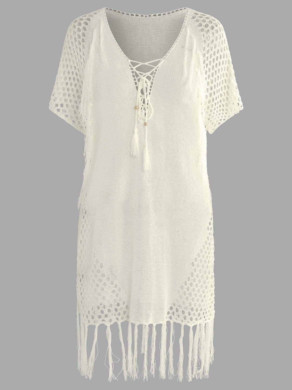 Wholesale White V-Neck Tassel Hollow Lace-Up Beachwear