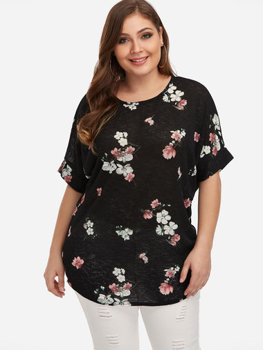 Wholesale Round Neck Floral Print Calico Half Sleeve Curved Hem Black Plus Size Tops