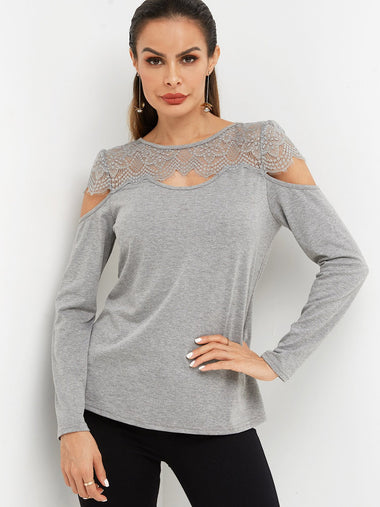 Wholesale Round Neck Plain Lace Hollow Long Sleeve Grey T-Shirts