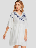 Wholesale White V-Neck Half Sleeve Floral Print Double Layer Dress