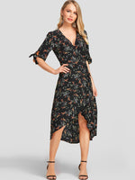 Wholesale Black Deep V Neck Half Sleeve Floral Print Self-Tie Wrap Irregular Hem Dresses