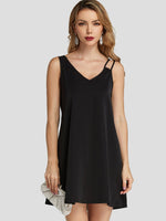 Wholesale Black V-Neck Asymmetrical Sleeveless Plain Spaghetti Strap Dresses