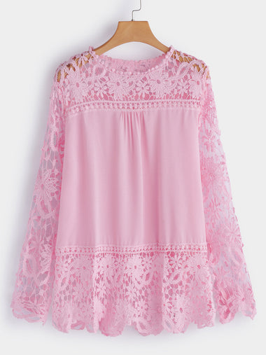 Wholesale Round Neck Lace Hollow Long Sleeve Irregular Hem Plus Size Tops