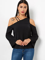 Wholesale Halter Asymmetrical Plain Long Sleeve Black T-Shirts