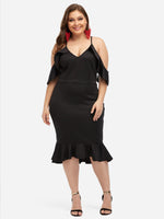Wholesale V-Neck Plain Half Sleeve Flounced Hem Black Plus Size Dresses