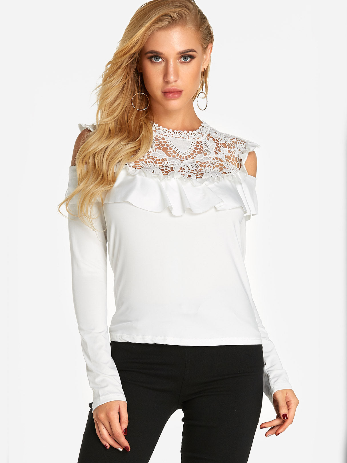 Wholesale Crew Neck Plain Lace Tiered Long Sleeve T-Shirts