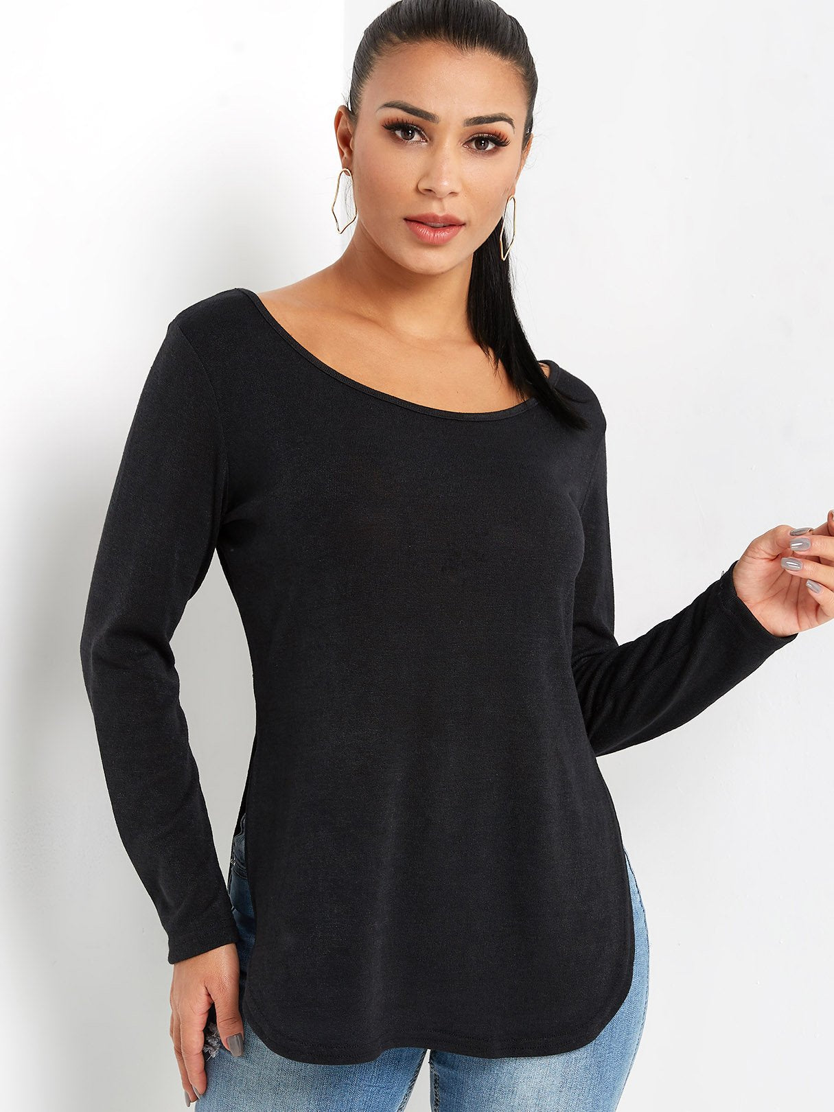 Wholesale One Shoulder Plain Slit Long Sleeve Curved Hem Black T-Shirts