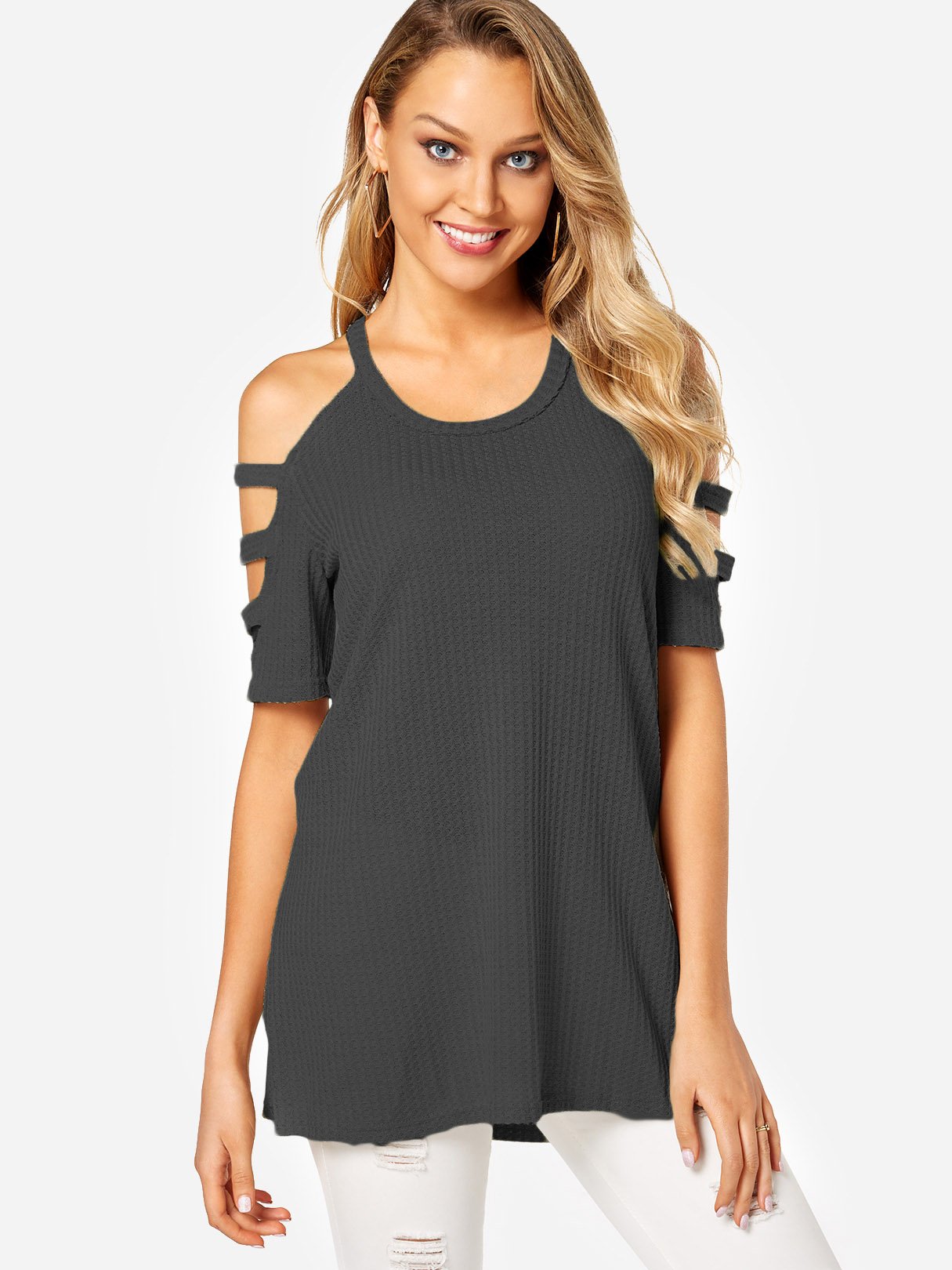 Wholesale Cold Shoulder Half Sleeve Slit Hem Grey T-Shirts