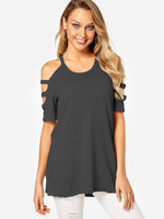 Wholesale Cold Shoulder Half Sleeve Slit Hem Grey T-Shirts