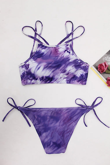 Wholesale Round Neck Floral Print Backless Two Piece Bikinis