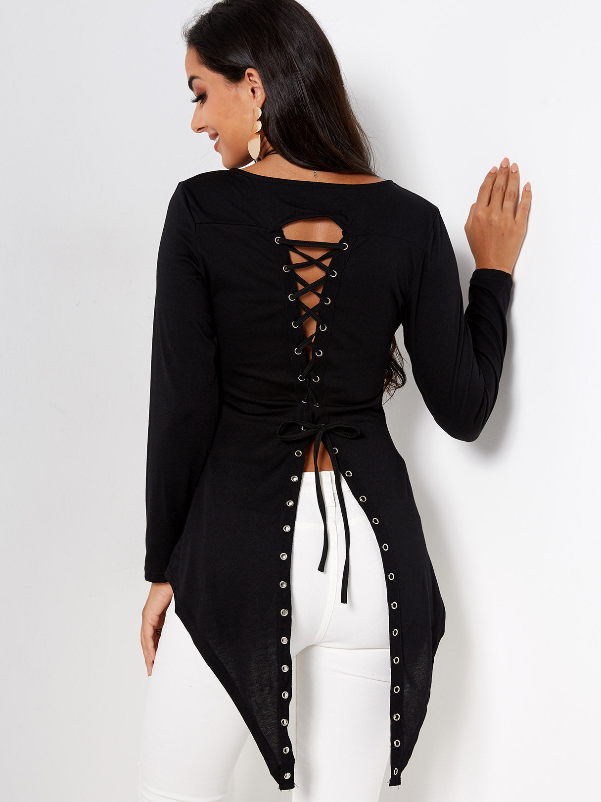 Wholesale Scoop Neck Plain Lace-Up Long Sleeve Irregular Hem Black T-Shirts