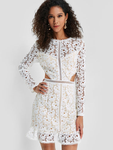Wholesale White Round Neck Long Sleeve Plain Lace Zip Back Cut Out See Through Irregular Hem Casual Dresses