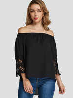 Wholesale Off The Shoulder Lace Pleated 3/4 Sleeve Black Blouses